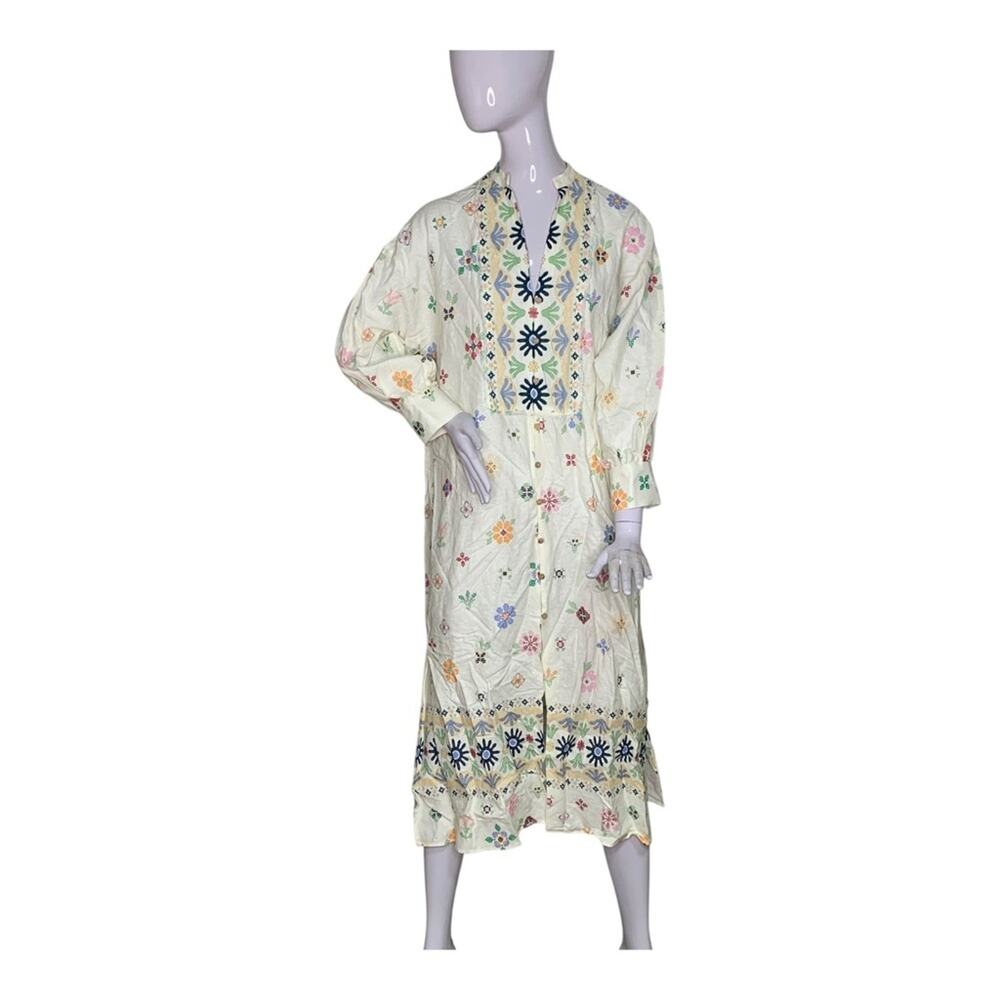 Zara Oversized Linen Blend Floral Print Tunic Dress Kaftan White Size S